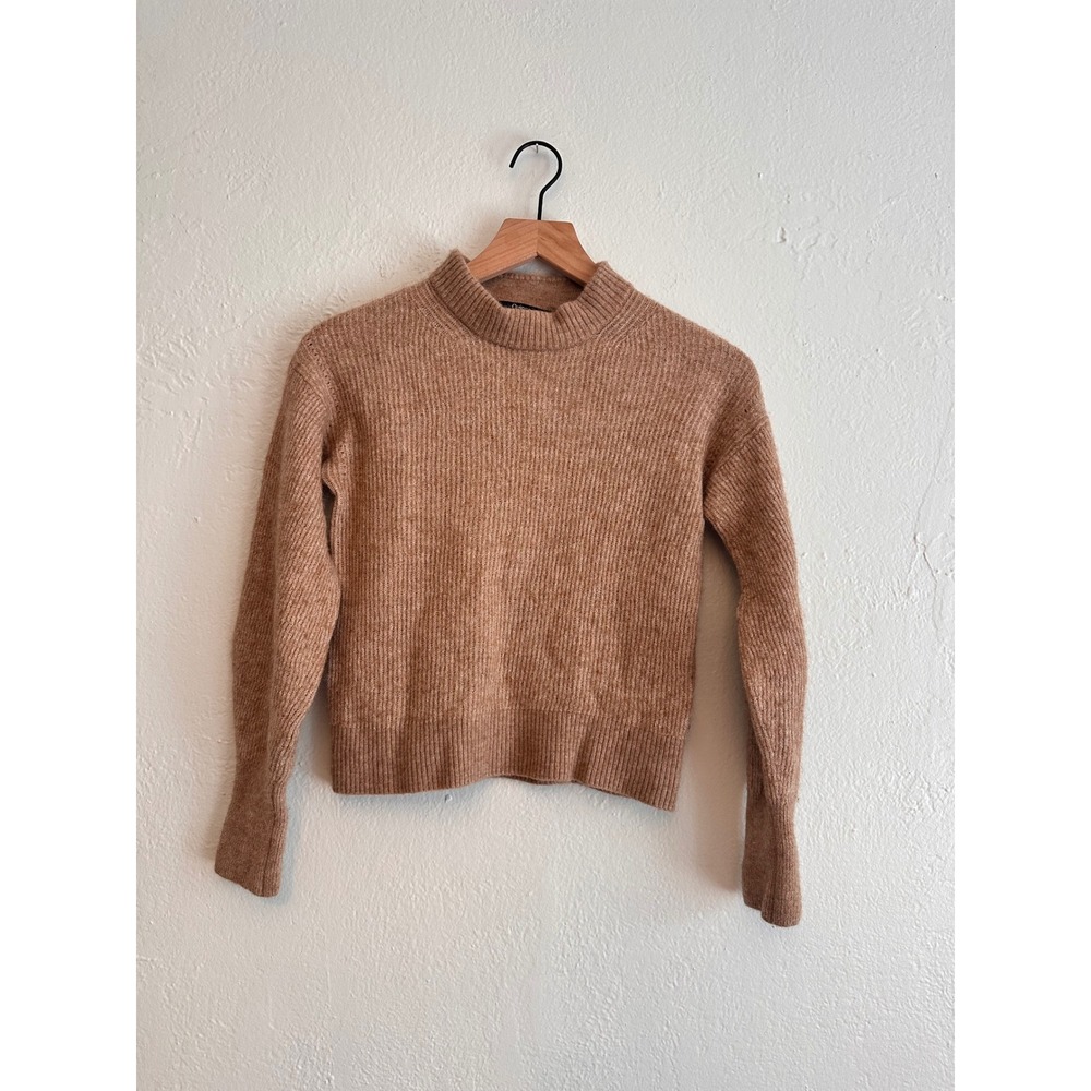 Quince Merino Wool Baby Alpaca Mock Neck Ribbed Sweater Camel Tan M